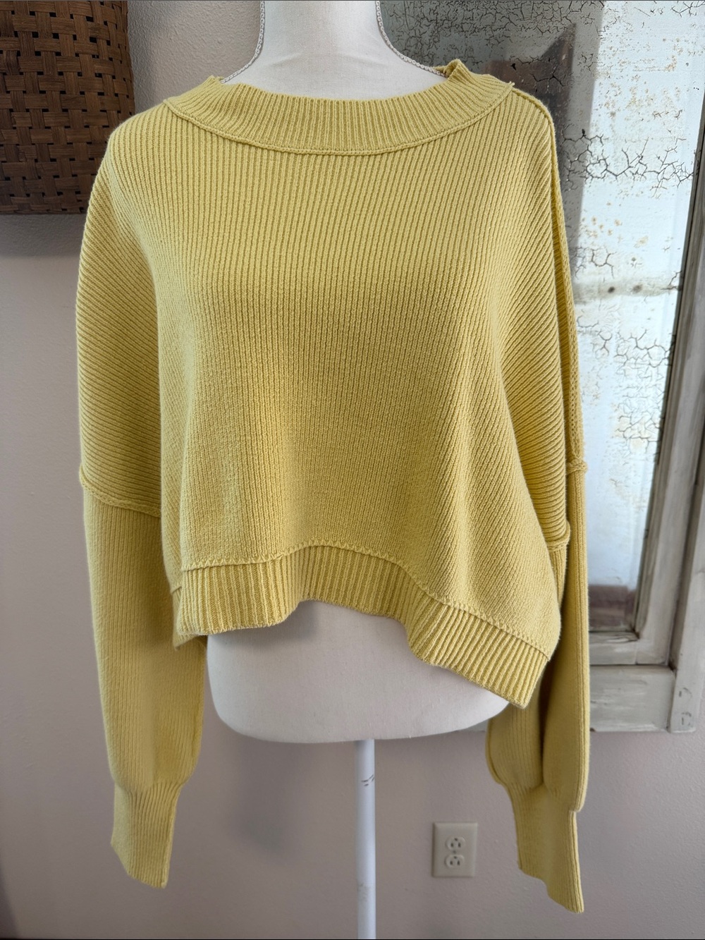 Free People Cropped Crewneck Sweater in Pale Yellow